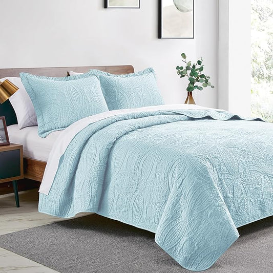 Love's cabin Quilts for Full Bed Spa-Blue Bedspreads Bedding Set - Lightweight Bedspread Comforter - Coin Pattern Bedding Coverlet for All Season - 3 Pieces (1 Quilt, 2 Pillow Shams)