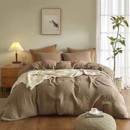 SE SOFTEXLY Muslin Duvet Cover California King Size, 100% Washed Cotton Duvet Cover Set, Ultra Soft Comforter Cover Linen Like, 3 Pieces Gauze Duvet Cover with 2 Pillowcases, 98"x104", Light Brown