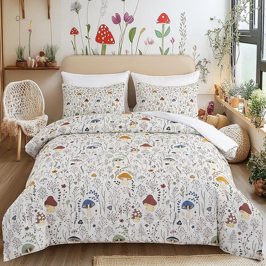 SOULZZZ Mushroom Comforter Set 3 Piece, Colorful Mushrooms Decor Queen Bedding with Plants and Flowers, Aesthetic Cute Mushrooms Room Decor Comforter for Kids Adults Boys Girls, Queen, Cream
