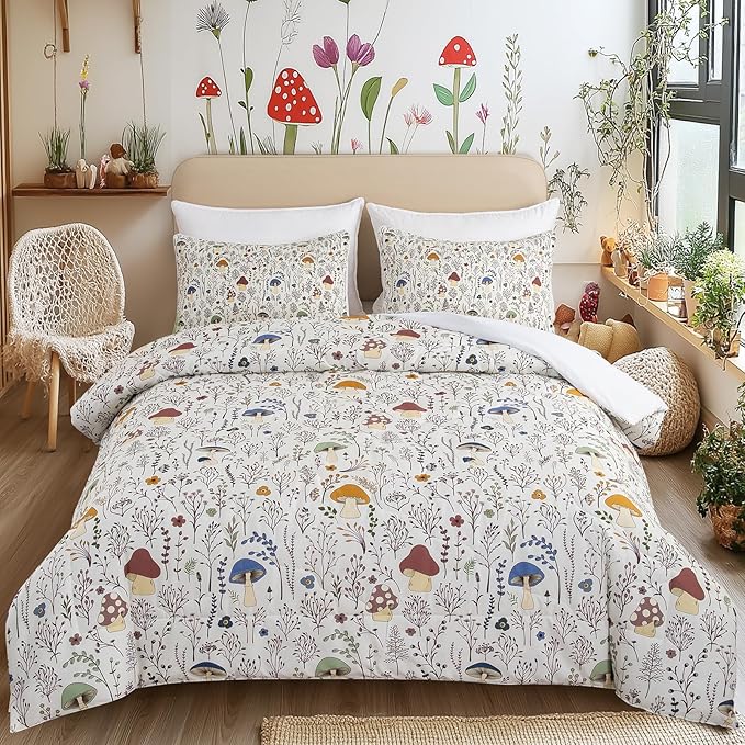 SOULZZZ Mushroom Comforter Set for Kids: 3 Piece Colorful Mushroom Decor King Bedding with Plants and Flowers- Aesthetic Cute Room Decor Cream Comforter for Adults Boys Girls