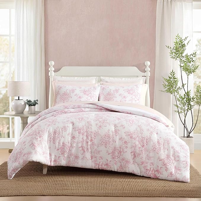 Laura Ashley - Comforter Set, Soft Poly Waffle Textured Bedding with Matching Shams, Delicate Floral Design (Delphine Pastel Pink, Full/Queen)