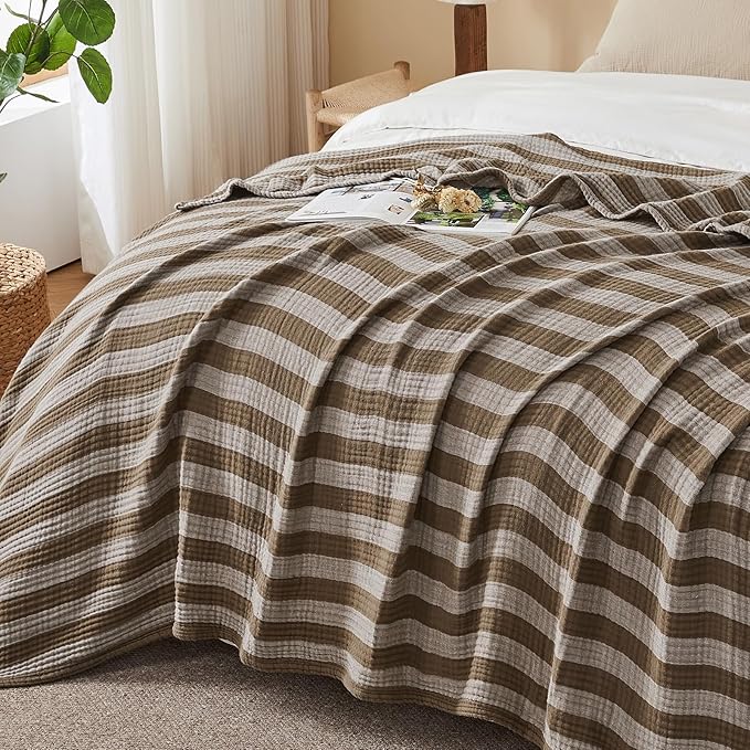 EMME Cotton Muslin Large Throw Blanket Couch Breathable Gauze Soft Lightweight Bed Blankets Adults (Striped Brown, 50"x70")