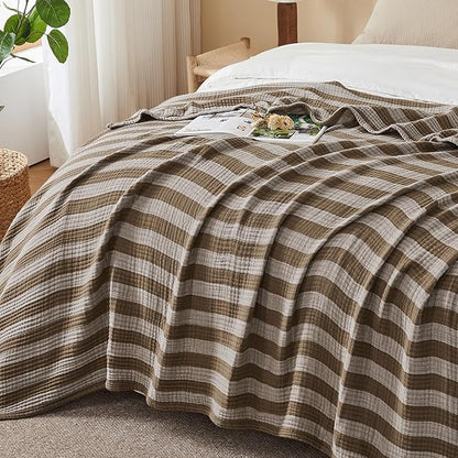 EMME Cotton Muslin Large Throw Blanket Couch Breathable Gauze Soft Lightweight Bed Blankets Adults (Striped Brown, 50"x70")