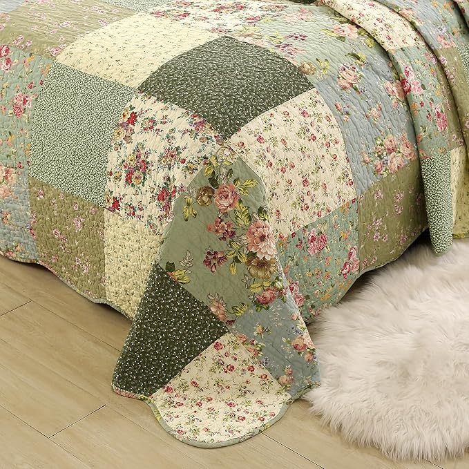 vctops Boho Patchwork Cotton Quilted Bedspread Quilt Set Twin Size 2 Pieces Soft Reversible Lightweight Coverlet Set Floral Print 1 Quilt and 1 Pillow Sham (Green D,Twin)