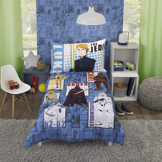 Disney Star Wars Galaxies Await 4 Piece Toddler Bedding Set Fitted Sheet, Pillow Case, Top Sheet, and Comforter Quilt - Blue