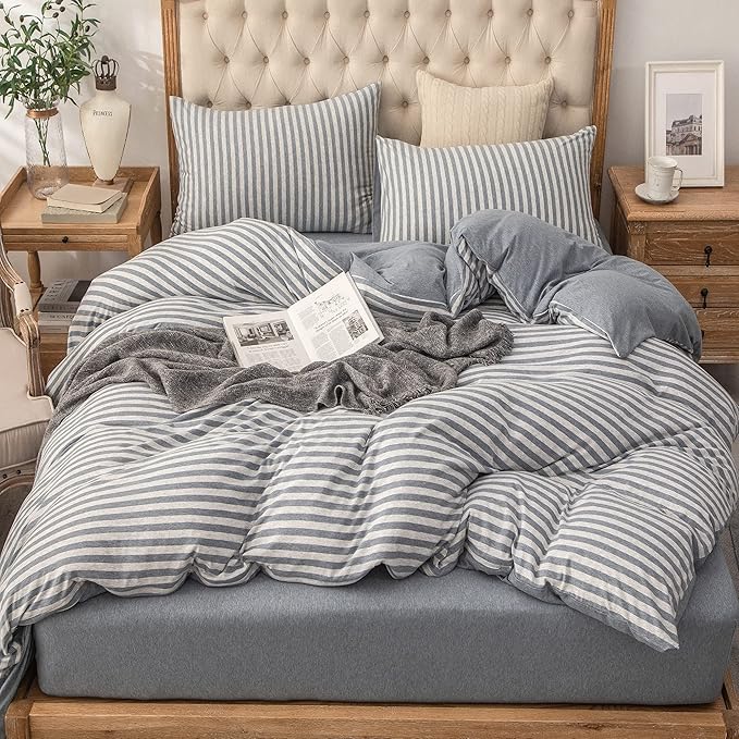 PURE ERA Jersey Knit Duvet Cover Set 100% T-Shirt Heather Cotton Super Soft Comfy Classic Striped Design, with Zipper Closure, Heather Blueish Grey Stripe, Cal King