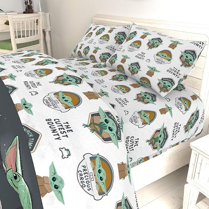 Jay Franco Kids Sheet Cartoon Set with Fitted, Flat Sheets & Pillow Cover - Ultra-Soft Bedding with Pillowcase for Room Decor, White - Mandalorian, 4 Piece Full