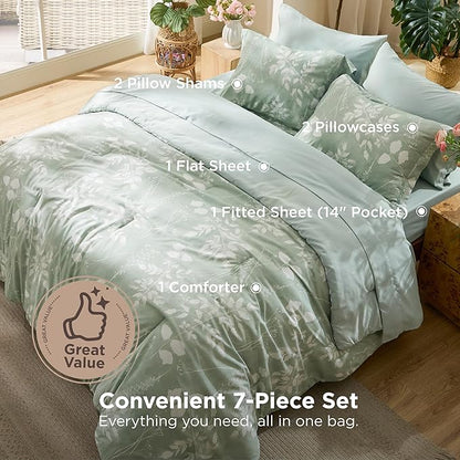 Bedsure King Size Comforter Set - 7 Pieces Floral Sage Green GentleSoft™ Bedding Sets, King Bed in a Bag with Botanical Flowers Winter Comforter, Sheets, Pillowcases & Shams
