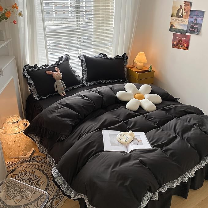 MOOWOO Ruffle Duvet Cover Full Size - Cute Girl Lace Bedding Includes 1 Duvet Cover 90x90 Inches with Zipper Closure & 2 Pillow Shams, No Comforter - Black, Full