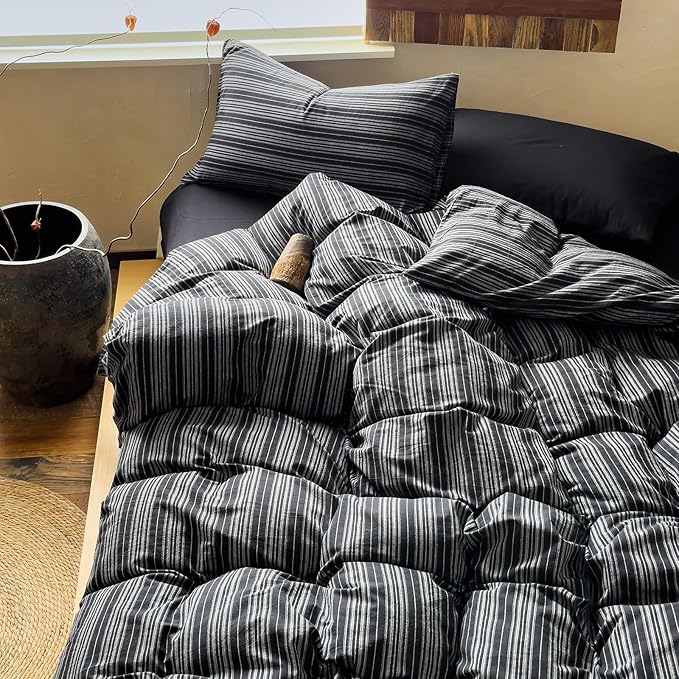 Striped Twin XL Duvet Cover Black Washed Cotton Twin XL Comforter Cover Grey Vertical Stripe Farmhouse Zipper Duvet Cover Set with Ties Soft Boho Bedding Set Minimalist Duvet Protector