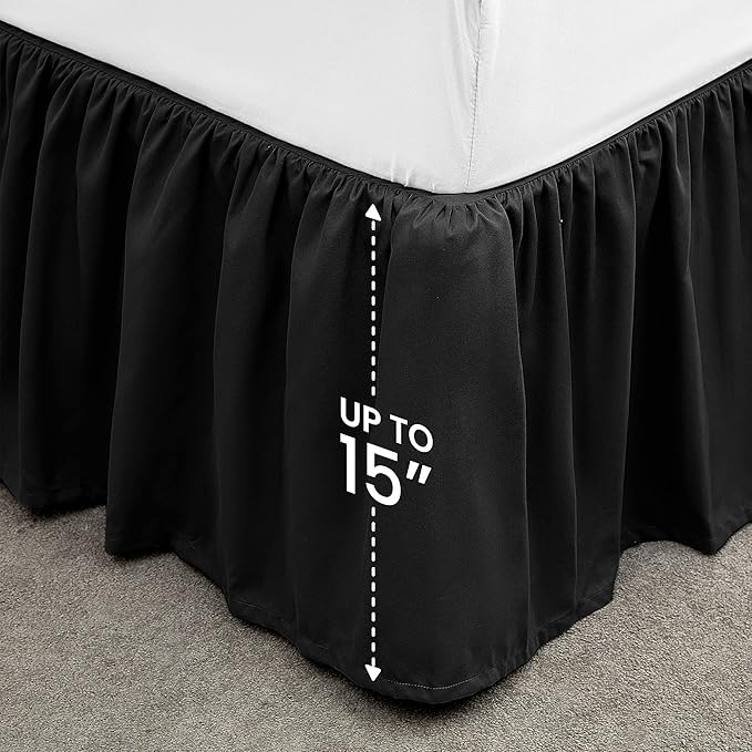 SLEEP ZONE Ruffled Bed Skirts Twin Size, Anti-Static Bedskirt Dust Ruffles with 15 inches Tailored Drop, Easy Fit, Fade Resistant, Black, Twin
