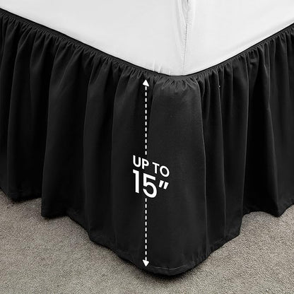 SLEEP ZONE Ruffled Bed Skirts King Size, Anti-Static Bedskirt Dust Ruffles with 15 inches Tailored Drop, Easy Fit, Fade Resistant, Black, King