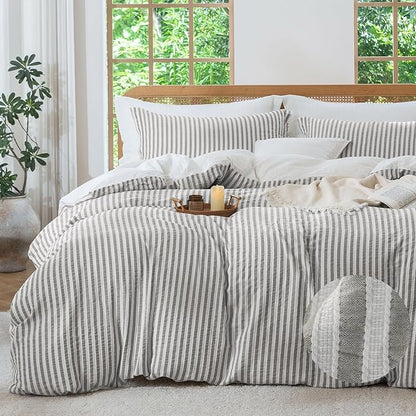 MILDLY Jacquard Stripe Duvet Cover - 100% Washed Cotton Boho Textured Comforter Cover Set 2pcs with Zipper Closure 68"x90"