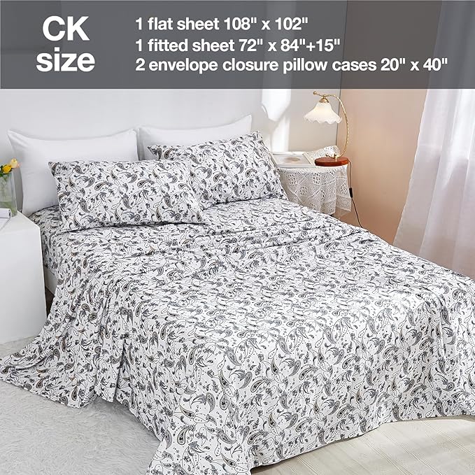 JSD Grey Paisley Printed Sheet Set Cal King, 4 Piece Soft Retro Pattern Microfiber Sheets Extra Deep Pocket