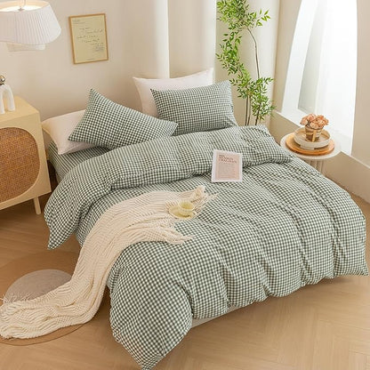 ECOCOTT Green Gingham Duvet Cover King Size 100% Washed Cotton Like Linen Feel Super Soft & Comfy Bedding Set Modern Checkered Design for All Seasons