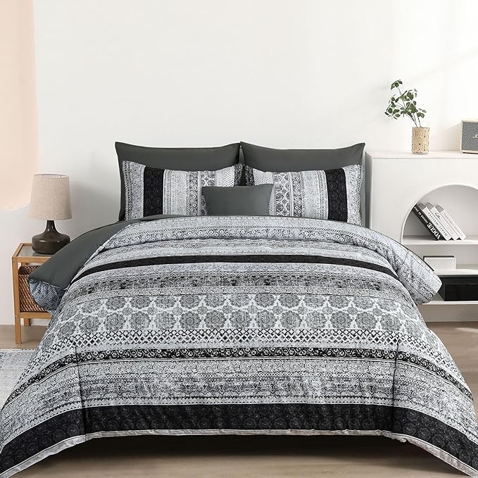 Cottolester Boho King Size Comforter Set 8 Pieces,Gray Bohemian Striped Bed in a Bag,Floral Soft Microfiber Bedding Comforter Set