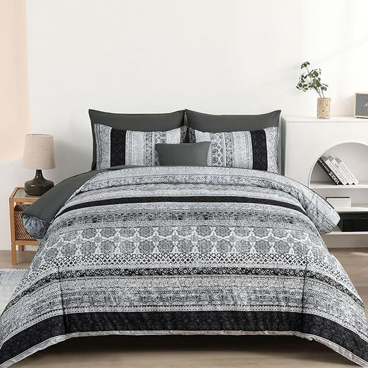 Cottolester Boho King Size Comforter Set 8 Pieces,Gray Bohemian Striped Bed in a Bag,Floral Soft Microfiber Bedding Comforter Set