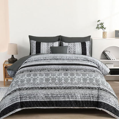 Cottolester Boho Queen Size Comforter Set 8 Pieces,Gray Bohemian Striped Bed in a Bag,Floral Soft Microfiber Bedding Comforter Set
