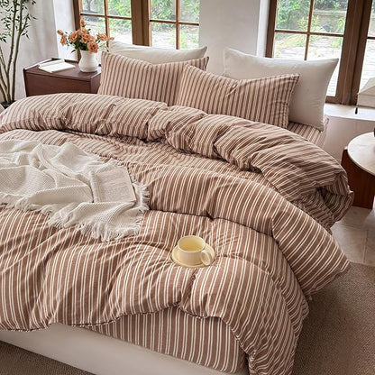 Striped Duvet Cover Set 100% Washed Cotton Linen Like Soft Feelling Breathable Bedding(Burnt Orange/White Strip,Full)