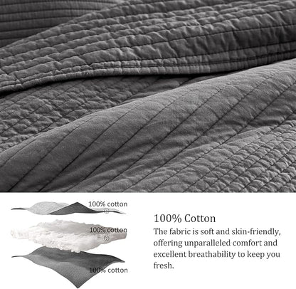 palassio Striped Dark Grey 100% Cotton Quilt Queen Size Bedding Sets, Lightweight Crinkly Channel Pick Stitch Textured Bedspread Soft Shabby Chic Farmhouse Country Coverlet for All Season, 2 Shams
