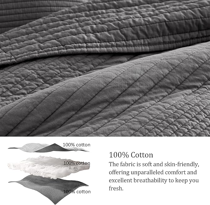 PALASSIO Striped Dark Grey 100% Cotton Quilt California Cal King Size Bedding Sets, Oversized Lightweight Channel Pick Stitch Textured Bedspread Soft Farmhouse Country Coverlet for All Season, 2 Shams