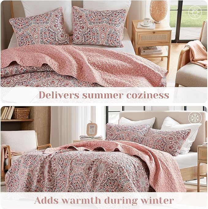 Comfort Spaces Valerie Boho Quilt Set Full/Queen Pink - Reversible Lightweight Bedding with Watercolor Medallion, Cozy All Season Quilt for Guest Room, Dorm, Teen or Adult Bed