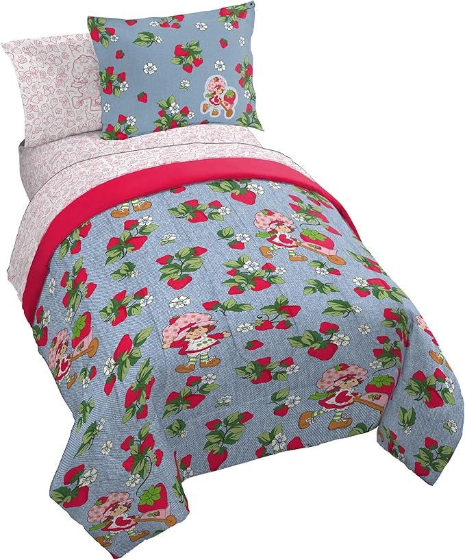 Jay Franco Kids Comforter Set Includes Sheets and Pillow Covers - Soft and Cozy Bed Set for Stylish Room Decor, Blue - Strawberry Shortcake. 5 Piece Twin Size Bedding