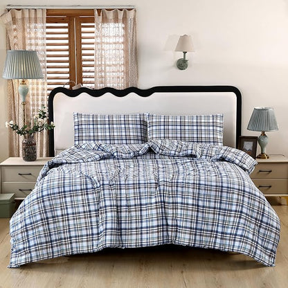 SDIII 3PCS Blue Gingham Comforter Set Twin 100% Washed Microfiber Lightweight Blue Gingham Bedding Set Twin Farmhouse Shabby Chic Checkered All Season
