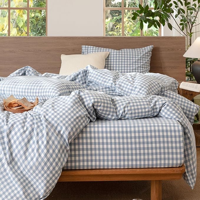 MooMee Gingham Duvet Cover Set 100% Washed Cotton Linen Like Textured Breathable Durable Soft Comfy Modern Checkered Design (Classic Gingham Cornflower Blue, Oversized Full 82"x86")