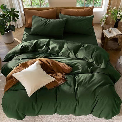 MooMee Bedding Duvet Cover Set 100% Washed Cotton Linen Like Textured Breathable Durable Soft Comfy (Solid Forest Green, Cal King 104"x98")