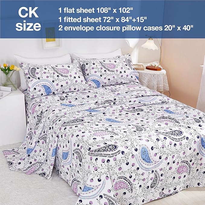 JSD Paisley Floral Printed Sheet Set Cal King, 4 Piece Soft Pattern Microfiber Sheets Extra Deep Pocket