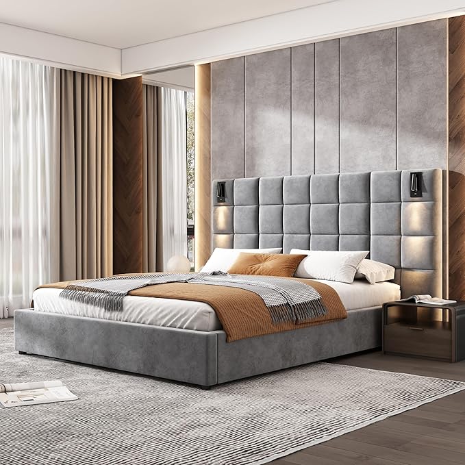 Merax Upholstered Queen Bed, with Reading Lamp and USB Port, Wide Velvet Headboard, (Without Bedside Tables and Mattress), Grey
