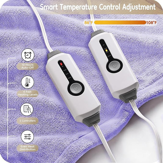 Electric Heated Blanket Queen Size 84"x90", with Dual Control Breathable & Luxurious Flannel, 4 Heating Levels & 10 Hours Auto-Off, Fast Heating, Machine Washable, for Bedding-Light Purple