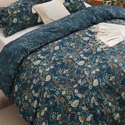 Bedsure Duvet Cover Queen Size - Reversible Floral Duvet Cover Set with Zipper Closure, 3 Pieces Navy Blue Bedding Set with 8 Corner Ties and 2 Pillow Shams 20"x26"