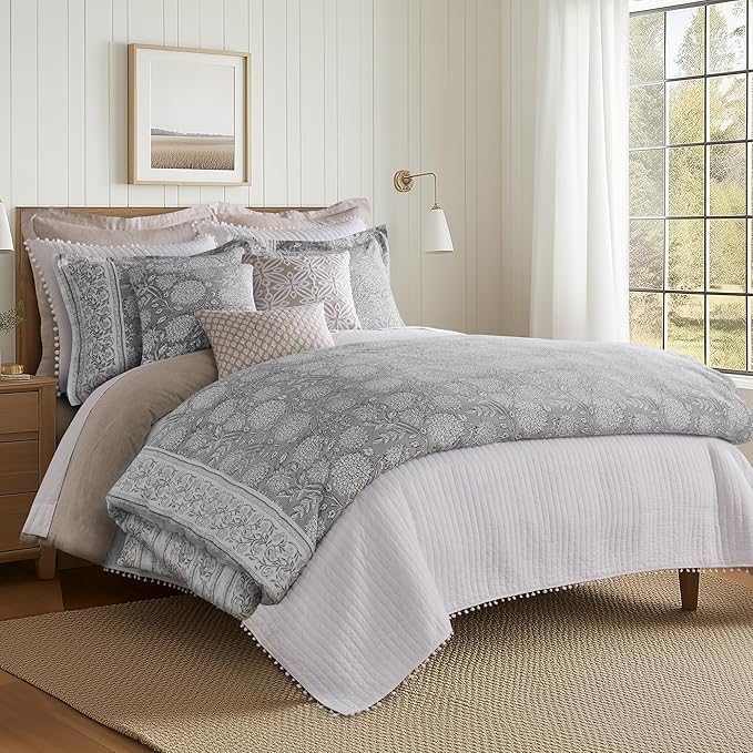 Levtex Home Adare Grey Reversible Twin Duvet Cover Set (68x88in) with 1 Pillowcase (26x20in) - Floral Bedding - Grey and White - 100% Cotton Twin Size Duvet Cover Set - Soft, Pre-Washed