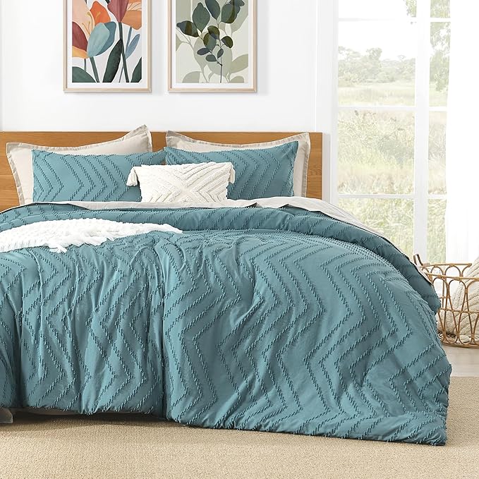 Litanika Grayish Teal California King Size Comforter Set, 3 Pieces Chevron Tufted Bedding Set & Collections, All Season Bed Set (104x96In Comforter and 2 Pillow Shams)