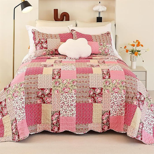 Cmfshape Summer Floral Oversize King Bedspread,Romantic Pink Quilt Set King,Reversible Stitched Bedding Set All Season,Soft Lightweight Coverlet with Pillow Cases (Hot Pink&Rose, Super King114 x102)
