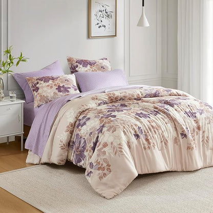 Madison Park Essentials Comforter Set with Sheets, Floral Bed in A Bag Microfiber Comforter, Shabby Chic King Bedding Set Diamond Printed Sheet, Luna, King, Taupe 7 Piece