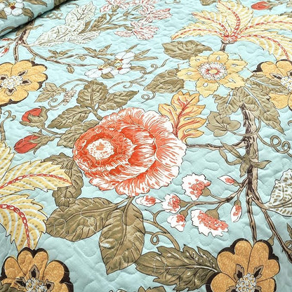 Lush Decor Sydney Reversible Cotton Quilt Set, 3 Piece Set, King, Blue & Green - Cotton Bedding Set - Blue Floral Quilt - Cottage Decor - Bedding King Size