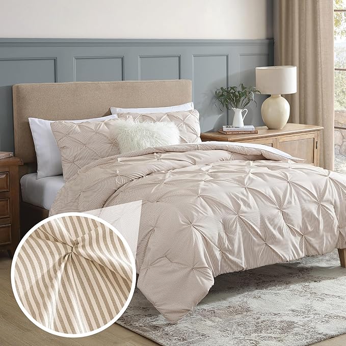 Swift Home King Pinstripe Taupe Comforter Set - Classic Pintuck Bedding Set - 3 Pieces Bed Linen, 1 Comforter and 2 Pillow Shams