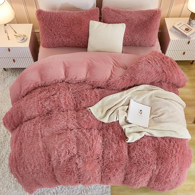 Andency Fluffy Old Pink Comforter Set Queen Size, 3 Pieces Winter Faux Fur Warm Soft Fuzzy Plush Bedding Comforter Set (1 Velvet Comforter & 2 Pillowcases), Thick Heavy Comfy Comforters Bedding Set