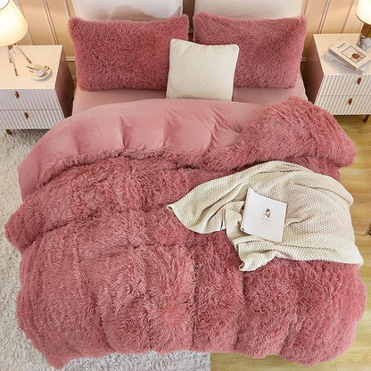Andency Fluffy Old Pink Comforter Set King Size, 3 Pieces Winter Faux Fur Warm Soft Fuzzy Plush Bedding Comforter Set (1 Velvet Comforter & 2 Pillowcases), Thick Heavy Puffy Comforters Bedding Set