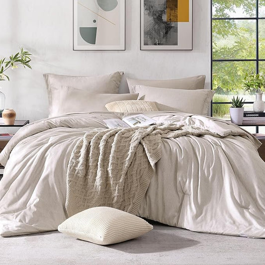 Monbix King Size Comforter Set, Oatmeal Cationic Dyeing Bed Set Reversible, King Size Comforter Set 7 Pieces Bed in a Bag with Comforter, Sheets, Pillowcases & Shams