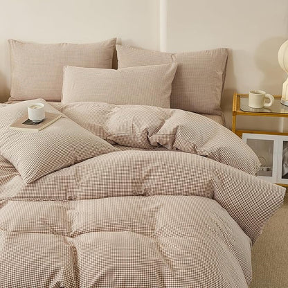 EAVD Tan Plaid Gingham Duvet Cover King Soft 100% Washed Cotton Reversible Tan and White Plaid Duvet Cover with 2 Pillowcases Farmhouse Ginggham Bedding Set with Zipper Closure