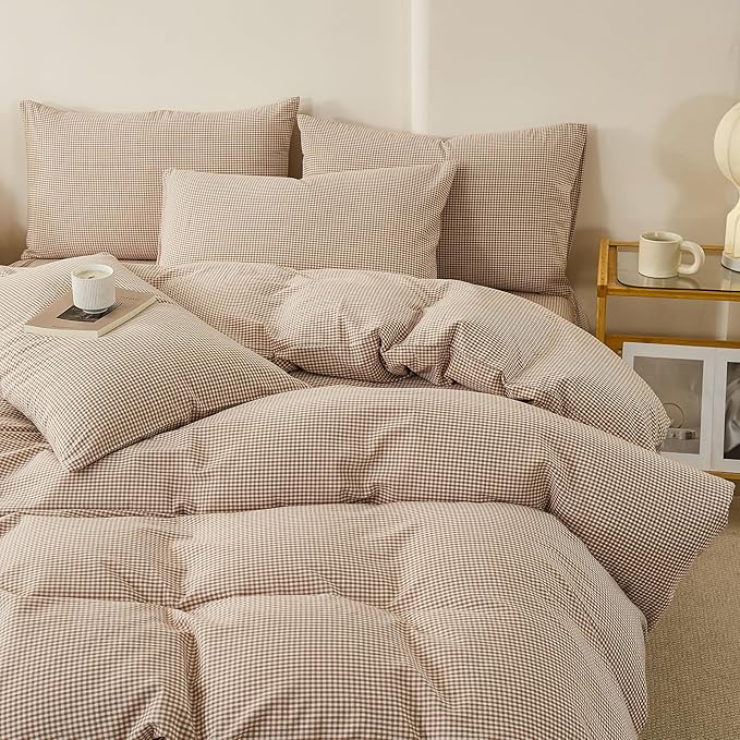 EAVD Tan Plaid Gingham Duvet Cover Full Soft 100% Washed Cotton Reversible Tan and White Plaid Duvet Cover with 2 Pillowcases Farmhouse Ginggham Bedding Set with Zipper Closure