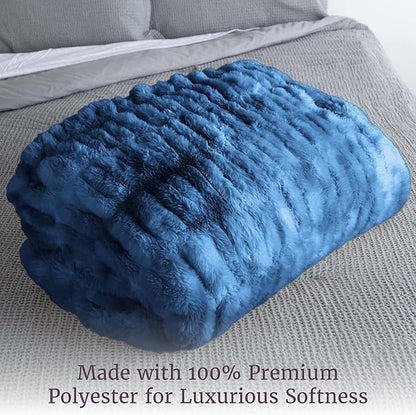 Lavish Home Oversized Ruched Faux Fur Blanket - 60x80-Inch Plush Polyester Faux Fur Queen-Size Throw for Sofas and Beds - Luxurious Bedding (Blue)
