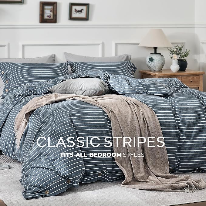 JELLYMONI Cotton Duvet Cover Twin XL Size - Blue Pinstriped Comforter Cover with Button 100% Washed Cotton 2PCS Breathable Soft Solid Bedding Set Duvet Cover 66×92in & 1 Pillowcase (NO Comforter)