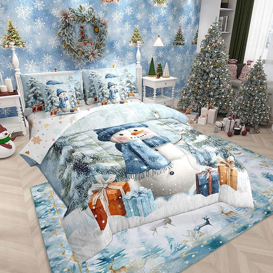Castle Fairy Xmas Snowman Blue Comforter Set Full Size 7 Pcs,Winter Outdoor Pine Tree Bedding Set for Girls Teens Bedroom Decor,Cartoon Bed in a Bag with Comforter,Sheets and Pillow Cases
