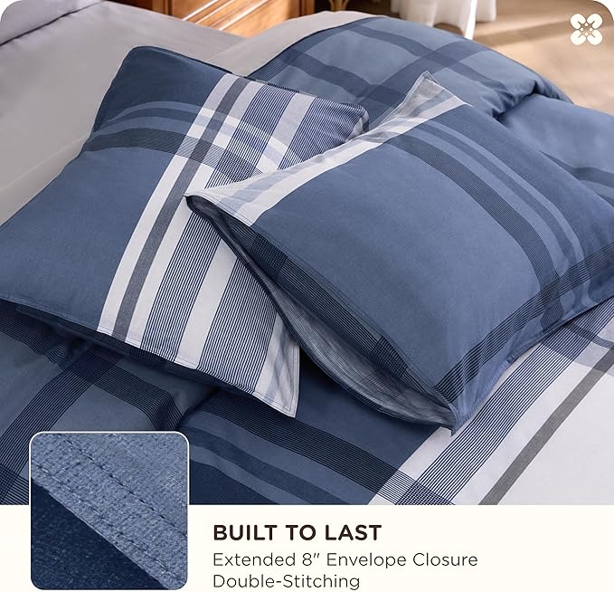 Bedsure Plaid Duvet Cover Queen Size - 100% Cotton Reversible Classic Navy Checkered Pattern Duvet Cover Set, 3 Pieces Soft & Breathable PureWoven Bedding Set with 2 Pillow Shams (Navy Plaid 90"x90")