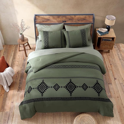 MaiRêve Embroidery Comforter Set, Boho Farmhouse Western Bedding Set, All Season Bed in A Bag Comforter Set with Sheets, Pillowcases & Shams, Olive Green King 7 Pieces